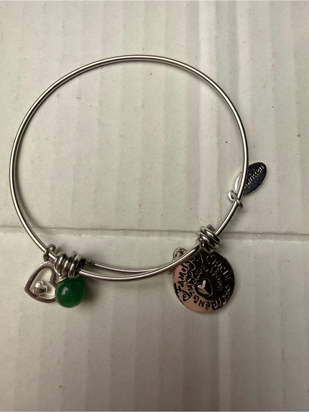 Unwritten Charm Silver Tone Bracelet Green Heart Family Bangle